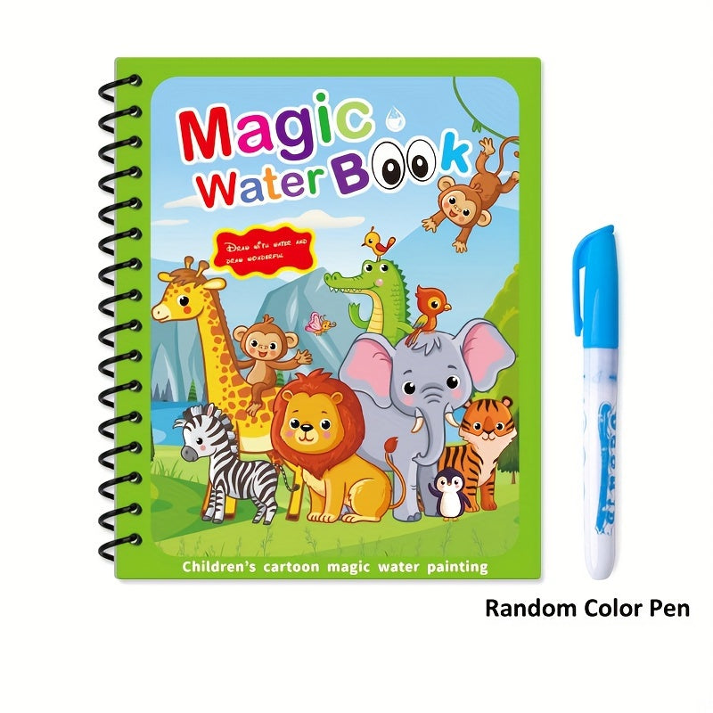 Magic Water Drawing Book for ages 3+ with reusable pad and water pen for creative learning.