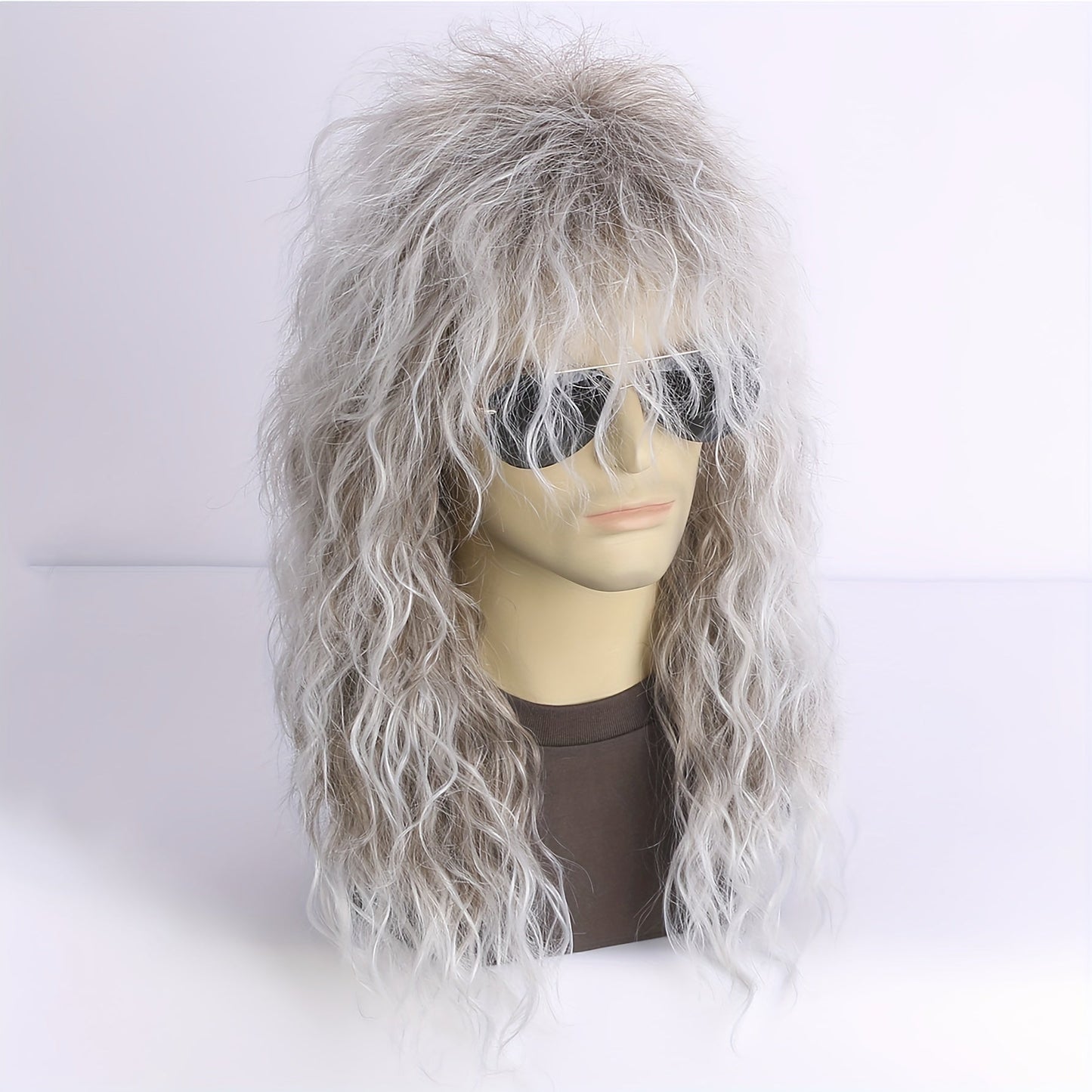 Long curly hair rock and roll wig, paired with a punk costume featuring a hint of golden wig - the ideal 80s Halloween look.