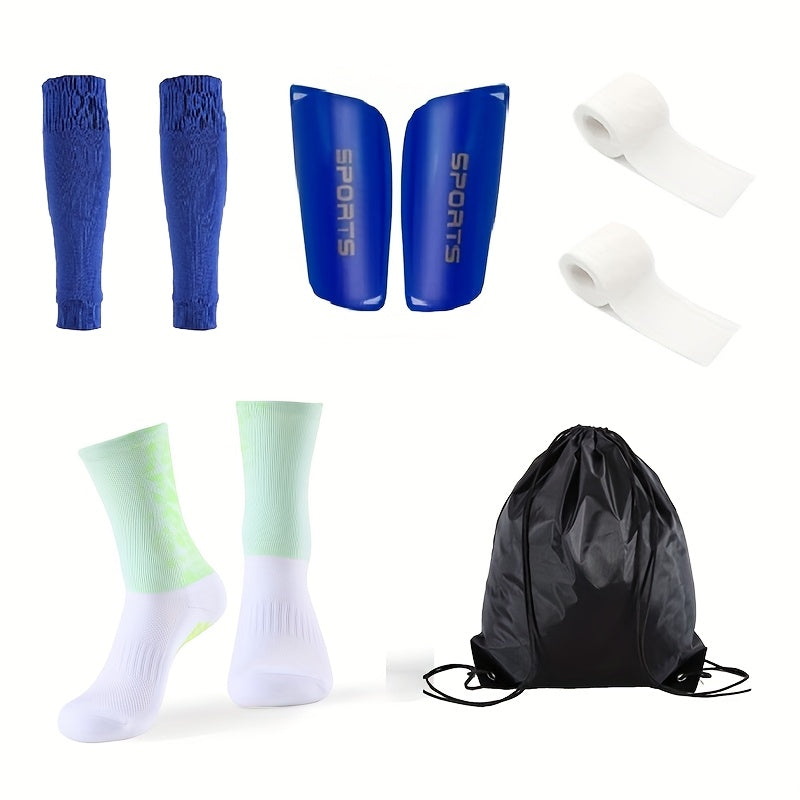 5-piece football equipment set includes silicone grip socks, calf sleeves, drawstring backpack, and leg pads. Made of striped polyester for training and fitness.