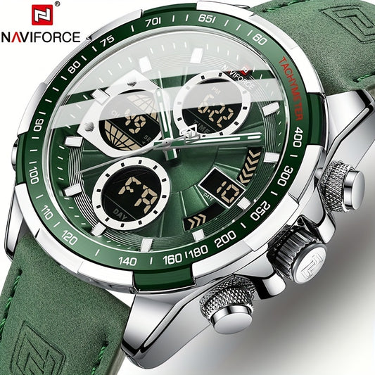 NAVIFORCE Men's Luxury Sports Quartz Watch - Waterproof, Genuine Leather Strap, Dual Display with Date & Chronograph Functions, Stainless Steel Case, Green Accents, Tachymeter Equipped