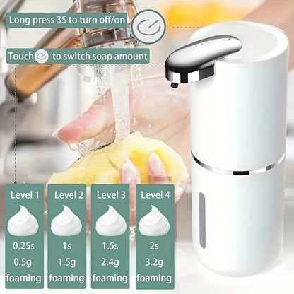 Wall-mounted 380ml Soap Dispenser with USB rechargeable battery offers touchless hand & lotion pump operation. Made of plastic with multi-level foaming press for bathroom use.