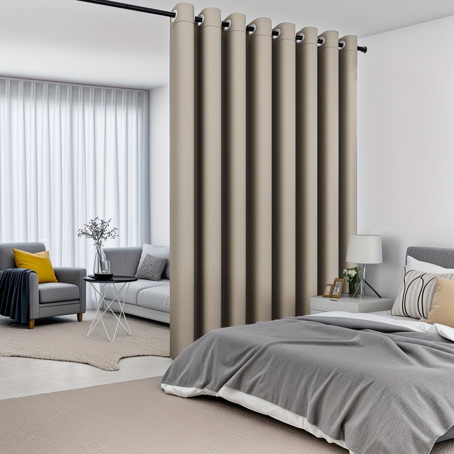 Modern Blackout Privacy Room Divider Curtain features UV protection and water-resistant polyester material with a grommet top for easy hanging. It is machine washable and suitable for all seasons, perfect for use in the living room or bedroom.