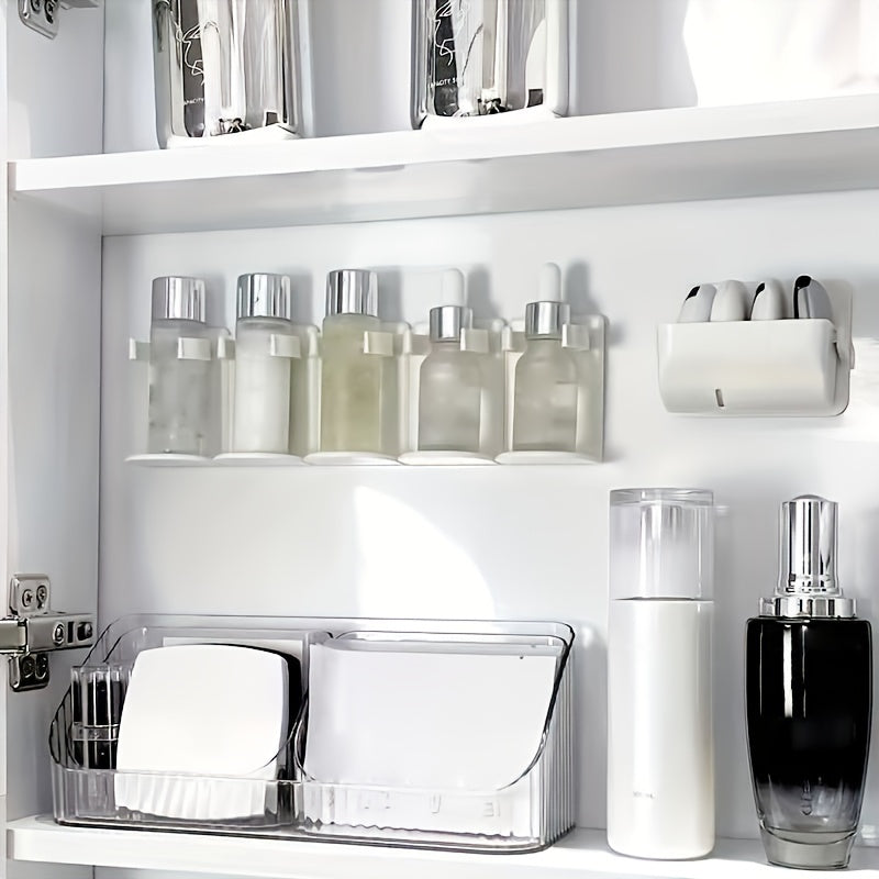 Simple to install bathroom storage rack for cosmetics and essentials, no drilling required.