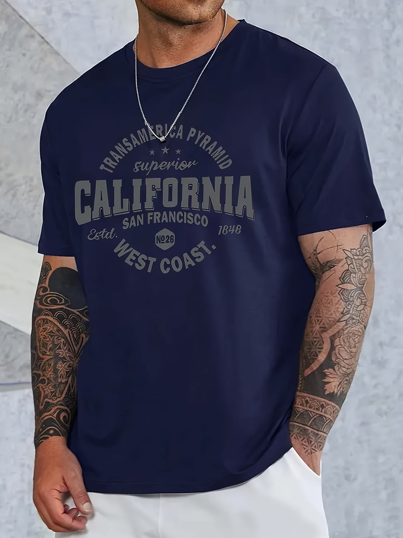 Men's casual crew neck t-shirt with California graphic, 3D digital print, made of polyester knit fabric with slight stretch for regular fit. Suitable for all-season daily and casual wear.