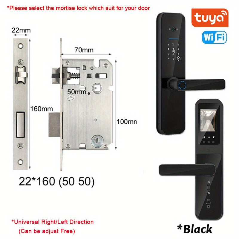 Smart door lock with biometric camera, fingerprint, smart card, password, and key unlock.