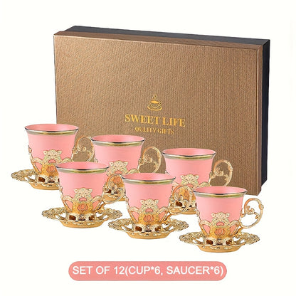 Golden 2.8oz Ceramic Tea Set with Gift Box, including Sakura Train Set, Turkish Arabic Coffee Cups, Espresso Cups with Saucer Plates and Spoons.