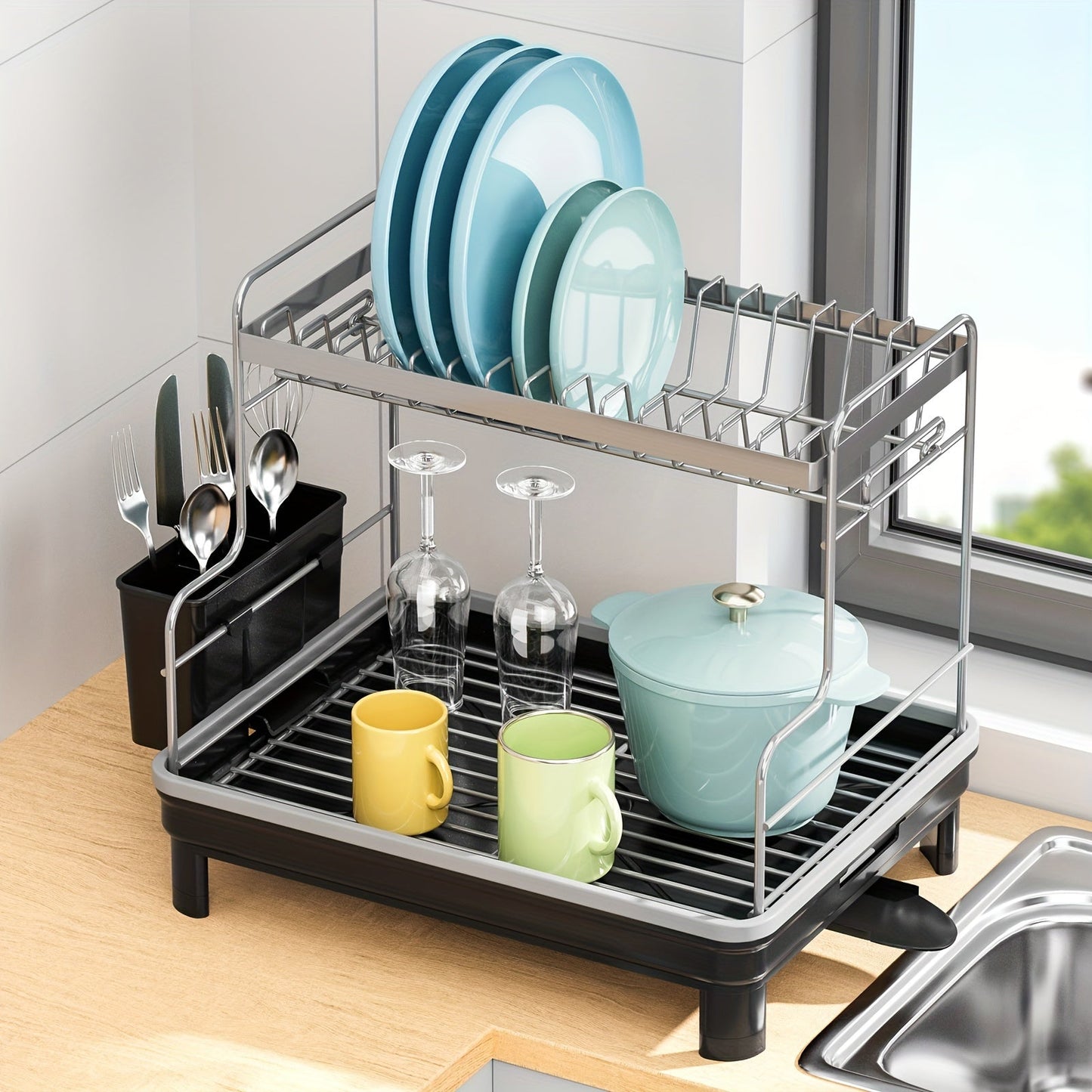 Multipurpose 2-Tier Metal and Plastic Dish Drying Rack with Drain Tray, Swivel Spout, and Sink Caddy - Countertop Storage Organizer for Dishes, Cutlery, Pots, Dish Brush, and Sponge Holder, Ideal for Kitchen and Bathroom Accessories