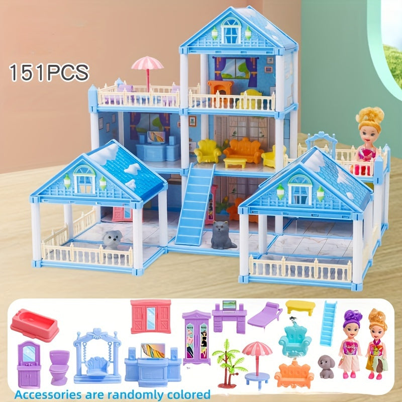 Girl playing with a dollhouse toy set in a children's simulation room, resembling a princess castle villa; ideal as a birthday gift.