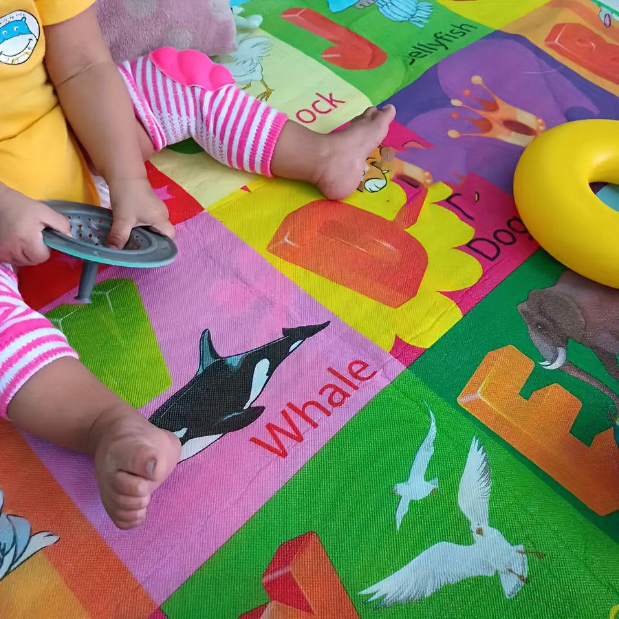 This reversible baby play mat is foldable, made of thick foam for extra cushioning, easy to clean, and measures 1.8m x 2m. It is constructed with a PVC surface material for durability.