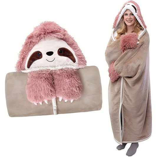 Adorable Sloth Wearable Hooded Adult Blanket - Soft Cozy Plush Flannel & Sherpa Hoodie Throw Cloak Wrap - Perfect Sloth Gift for Women