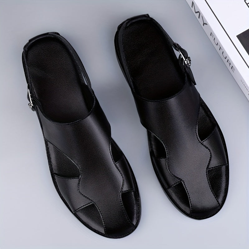 Men's comfy non-slip sandals with split cow leather upper and rubber sole, ideal for summer.