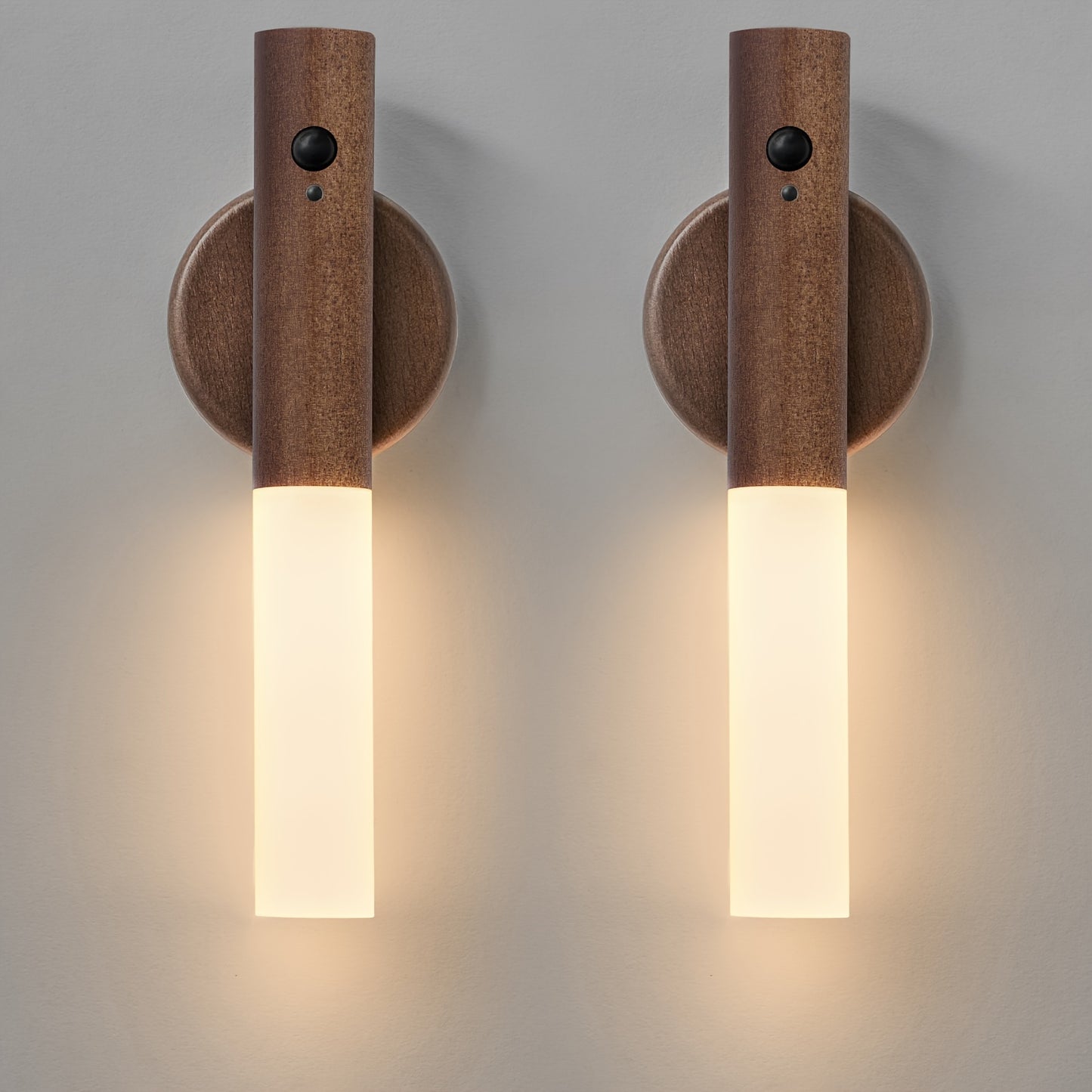 2 modern beech wood LED wall sconces with motion sensor - rechargeable, magnetic night lights for bedroom and hallway decor