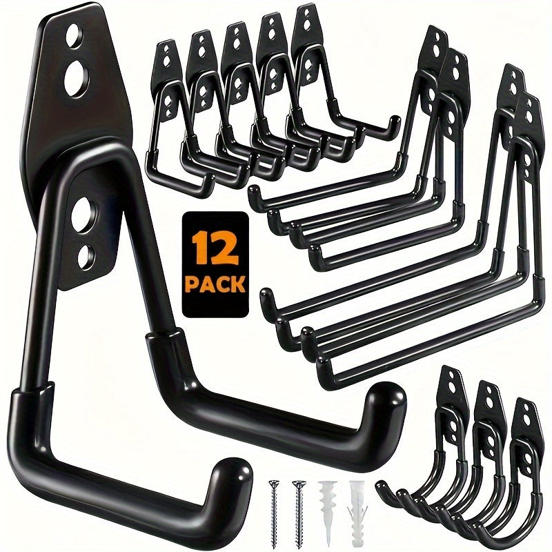 12-pack of heavy-duty garage hooks made of utility steel for wall mounting to organize power tools, ladders, bicycles, and other equipment.