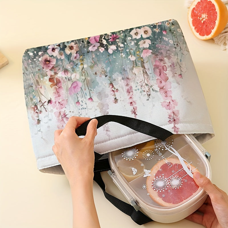 Insulated Lunch Tote with Floral Design for Men and Women, Leak-Proof Reusable Polyester Bag with Hand Wash Operation, Square Thermal Lunch Box for Office, Beach, and Travel - Featuring Dual-Sided Print