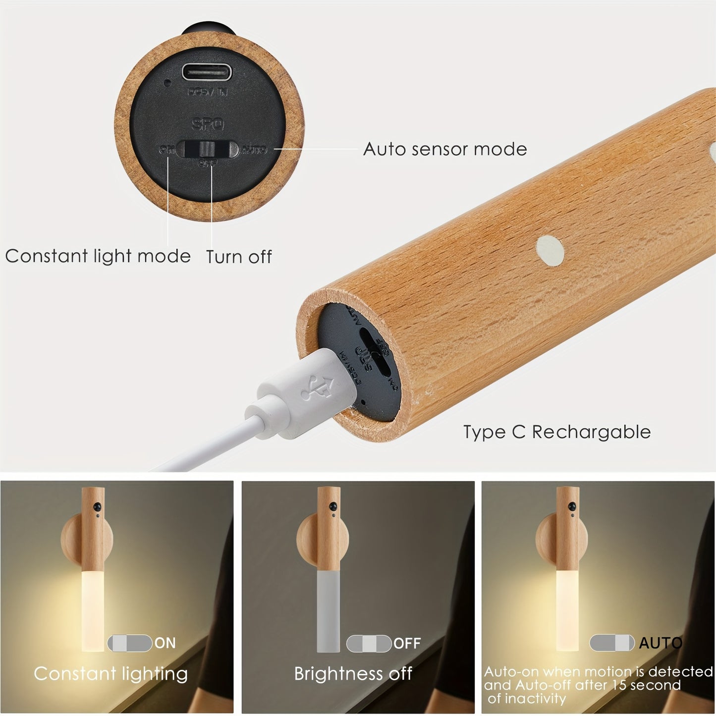 2 modern beech wood LED wall sconces with motion sensor - rechargeable, magnetic night lights for bedroom and hallway decor