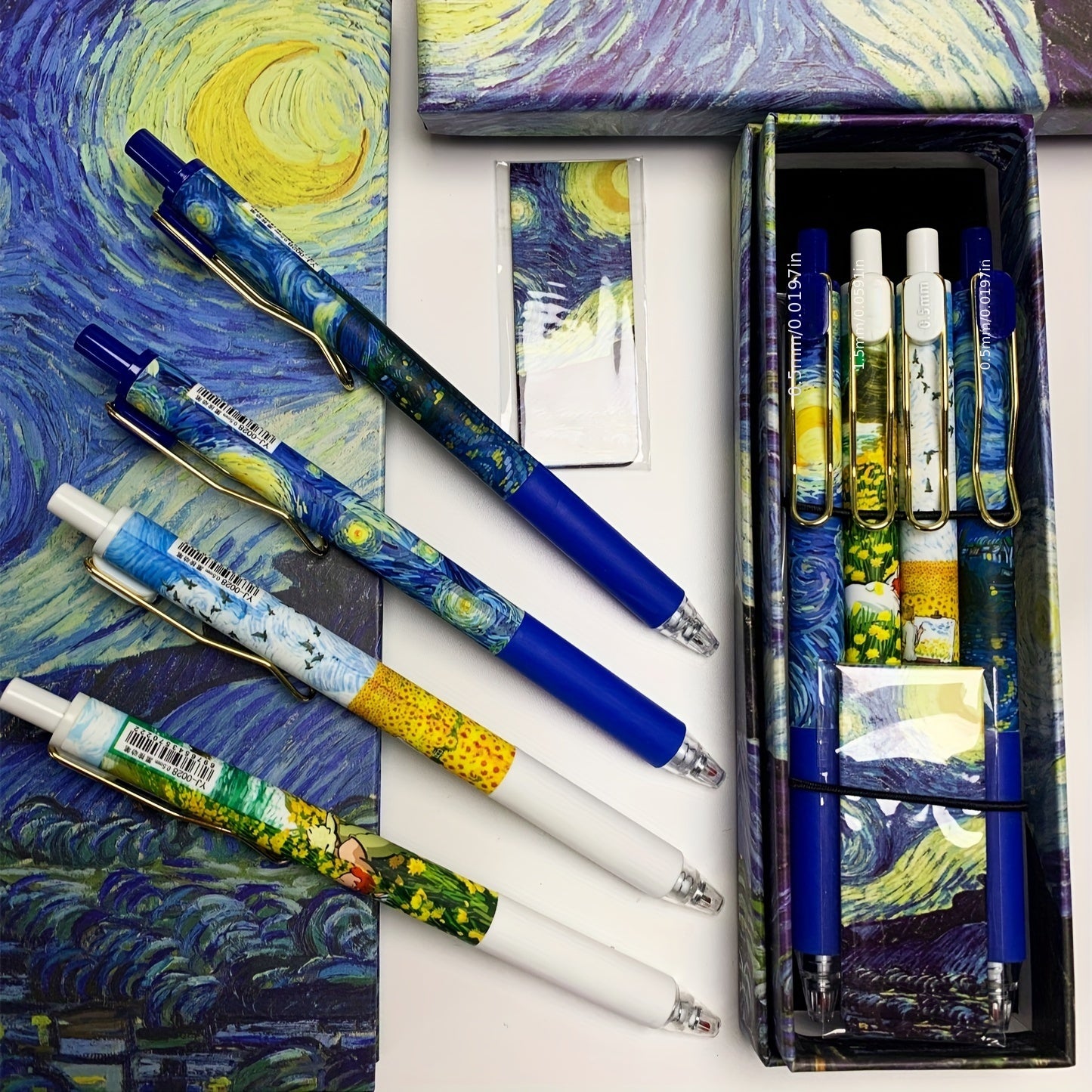 4pcs Set of Van Gogh Starry Night Pens with retractable 0.5mm fine tip, high quality and smooth writing. Ideal for diaries and school supplies.