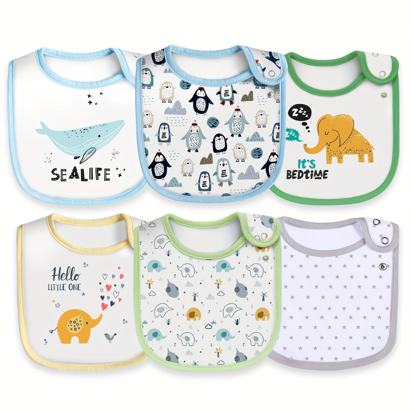 Set of 6 adorable Cartoon Soft Feeding Bibs With Adjustable Snap Closure, Waterproof