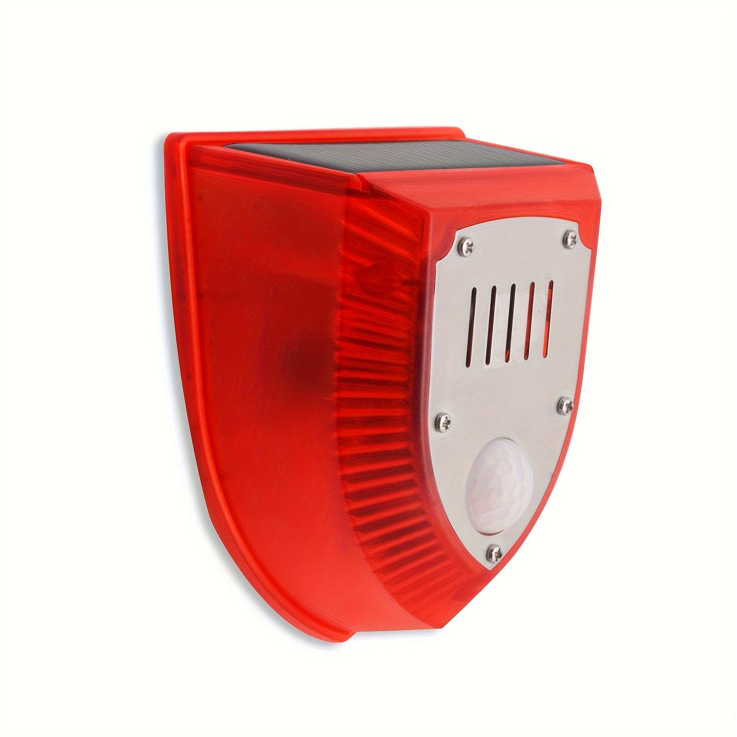 Solar-powered security alarm with motion sensor, 129dB siren, dog barking sounds, 6 red LED lights, rechargeable 400mAh battery, infrared detection for home, yard, farm, barn.