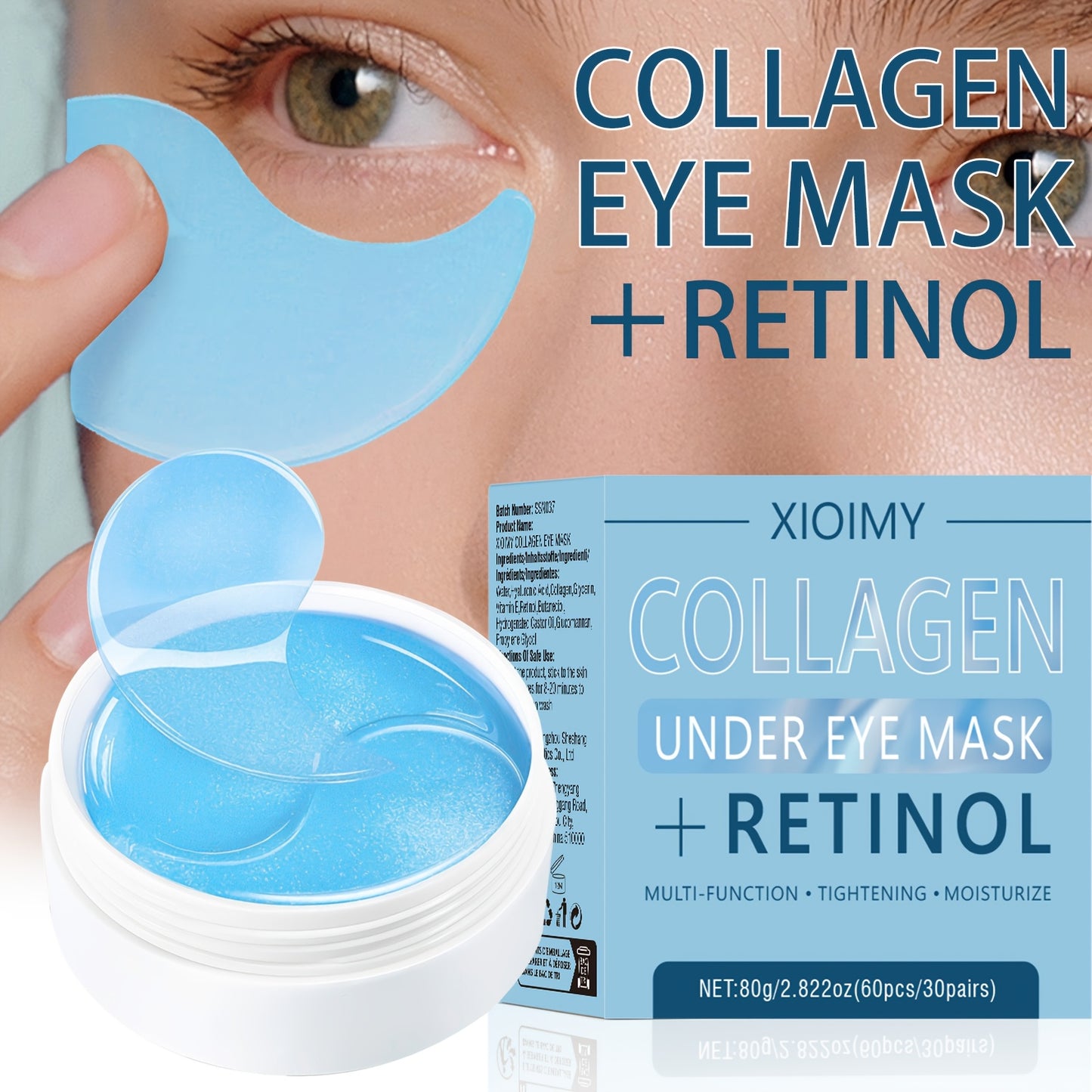 XIOIMY 60pcs Collagen & Retinol Eye Masks for deep hydration, firming, and all skin types, hypoallergenic formula.