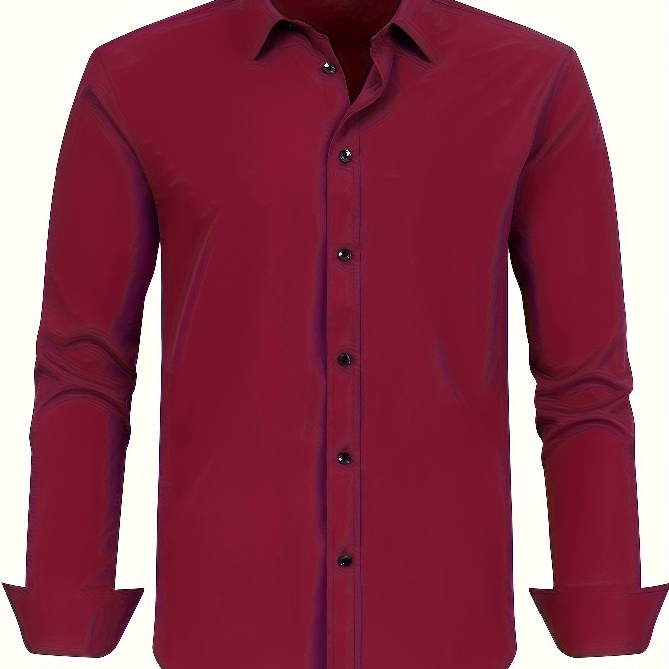 Men's plus size dress shirt in solid color with square collar, regular fit, made from all-season polyester with slight stretch. Features button details and woven fabric, weighing 120g/m².