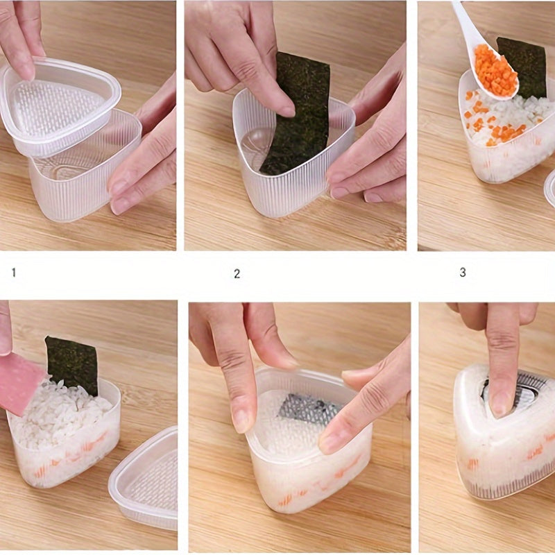 Clear plastic sushi mold with lid for making triangle-shaped rice balls at home or in restaurants. Suitable for beginners and professionals in sushi making.