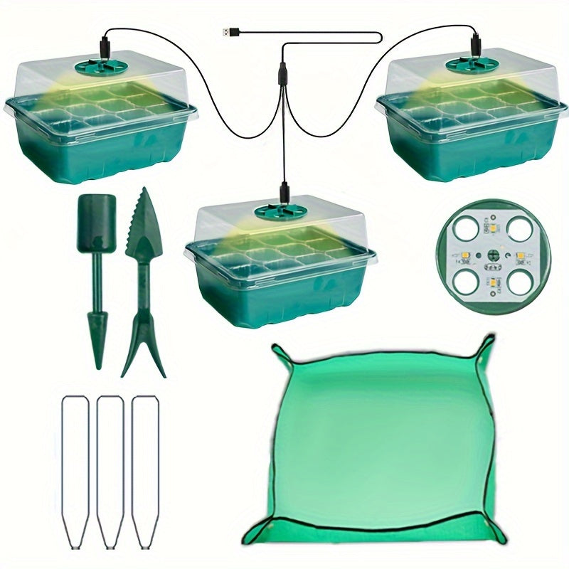 Plant seedling boxes with supplementary lighting, cultivation holes, seedling tools, label cards, and mats for optimal germination.