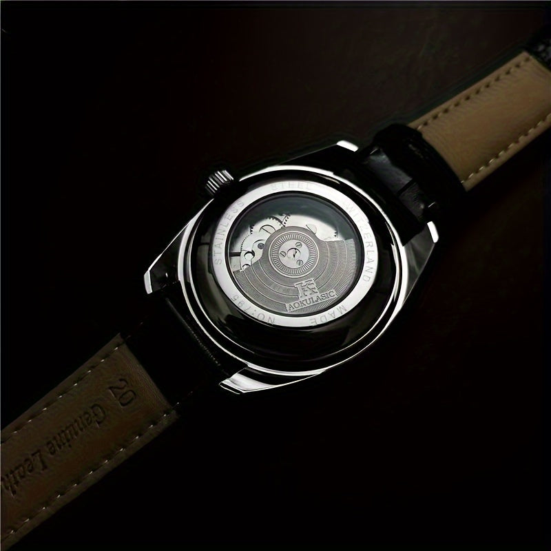 AOKULASIC Men's automatic mechanical watch featuring semi-hollow ball design with moon phase pointer.