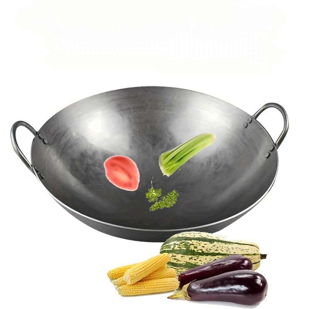 This traditional Chinese cooking wok is made of durable cast iron and measures 34-38cm in diameter. It is a large, uncoated deep frying pan that is compatible with electric stovetops. Perfect as a Christmas gift for parents and husbands, this versatile