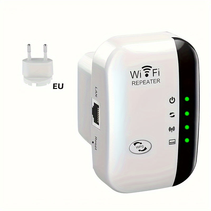 Enhance WiFi signal with 300M long range booster, easy setup, 2.4GHz frequency, Ethernet port, suitable for home, office, cafes.