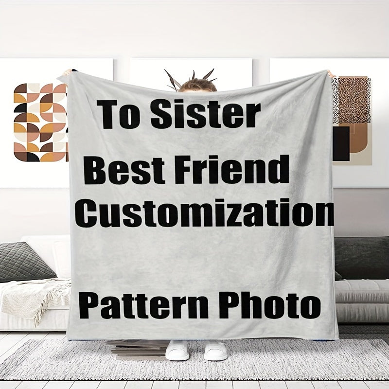 Customize your living space with our personalized 1 piece flannel fleece blanket. This digital print heat transfer blanket features your own photo and a contemporary geometric pattern. Perfect for all seasons, it is reversible and can be used for