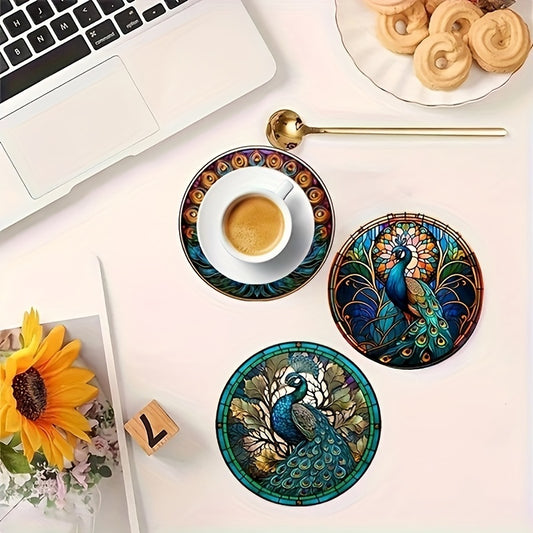 6 beautiful peacock coasters, 10cm/3.9in in size, ideal for coffee and tea, and a stylish addition to any kitchen or living room. Made of synthetic material.