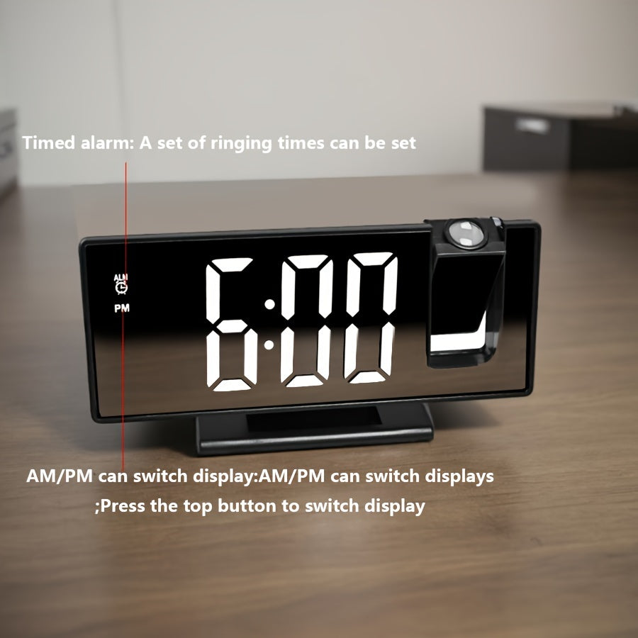 1pc Multi-Function LED Projection Alarm Clock with 180° Flat Display, Time-Date-Temperature Switching, USB Powered, Black Square Design, Modern Digital Clock with Adjustable Projection.