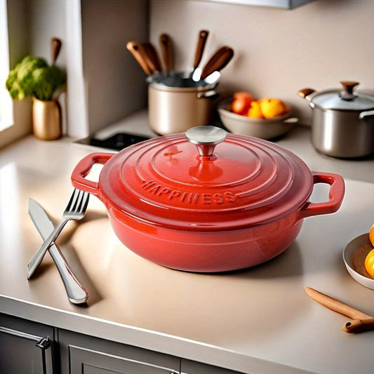 Versatile and Healthy Cooking Pot: One-Piece Cast Iron Enameled Dutch Oven with Non-Stick Enamel Coating. Compatible with Electric, Ceramic, Halogen, and Gas Stovetops - No Power Required for Use.