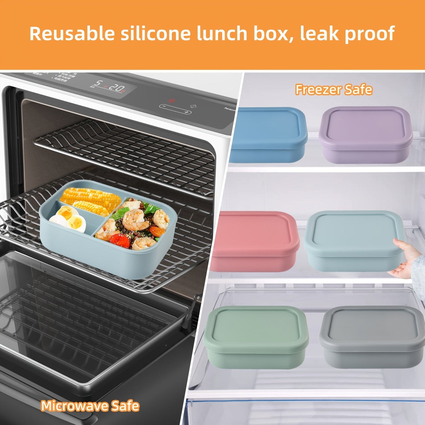 Silicone Lunch Box with Leak Proof Bento Box Design, 3 Compartments Food Container, Microwave Safe for School Students, Office Workers, and Travelers. Ideal Kitchen and Travel Accessories.