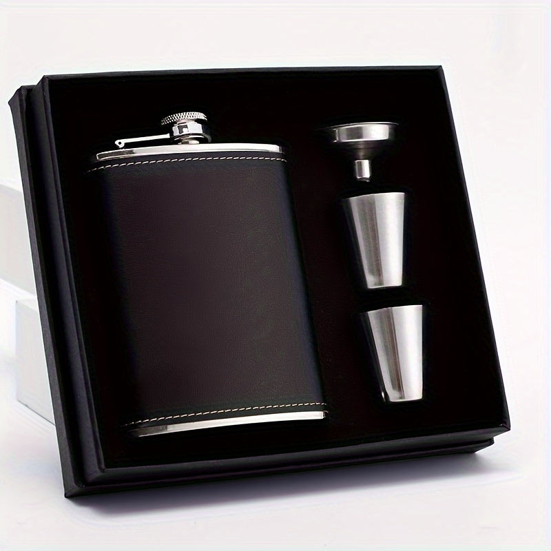 One-piece Black Flask Set includes 1 flask, 2 wine cups, and is made of stainless steel with a soft touch leather wrap. This leak-proof gift set is perfect for giving to both men and women and is ideal for whiskey, rum, and vodka.