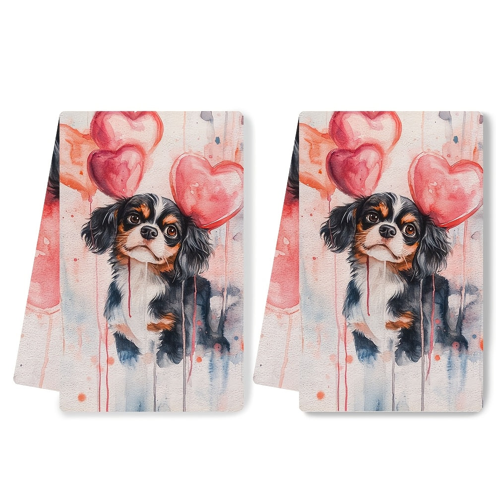 Celebrate Valentine's Day with these 2 ultra soft kitchen towels featuring a charming Cavalier King Charles Spaniel design. These highly absorbent and machine washable dish hand towels measure 40.64x60.96 cm, making them perfect for holiday decor and