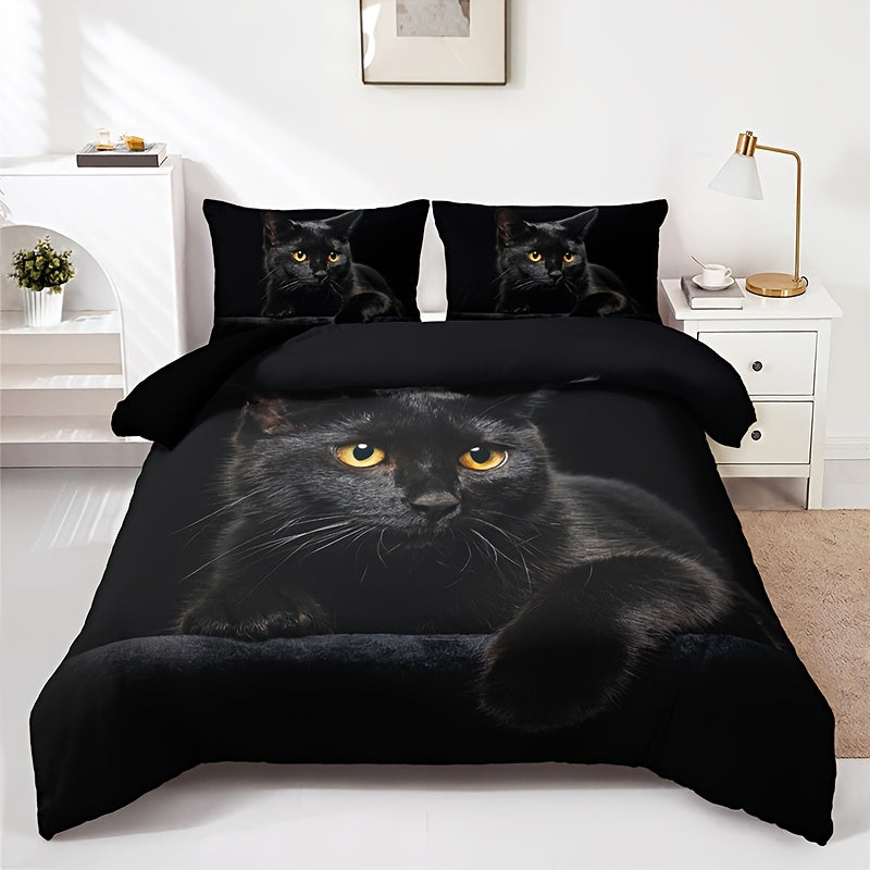 Dress up your bedroom or guest room with this stylish 3-piece Duvet Cover Set featuring a trendy 3D Black Cat print. Set includes 1 Duvet Cover and 2 Pillowcases (Core not included), providing all-season comfort. Made of soft and comfortable fabric