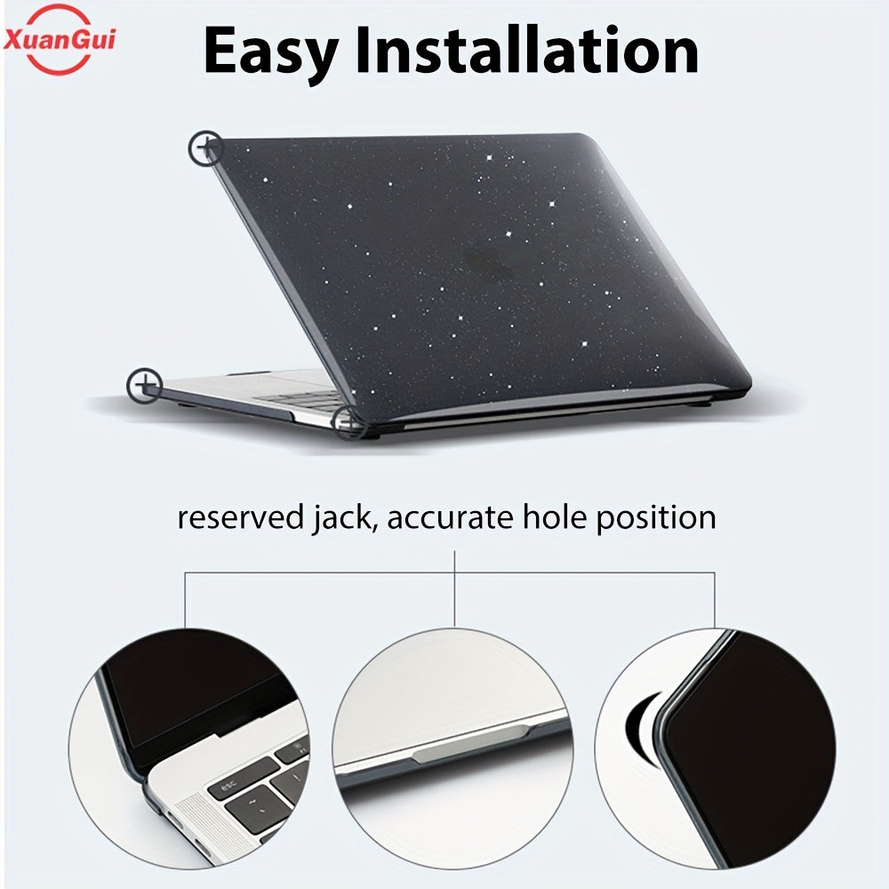 Glitter star protective case for various MacBook models, waterproof hard shell with non-slip foot pad, scratch and dust resistant.