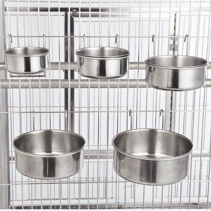 Stainless steel hanging dog bowl with clamp holder to prevent spills and protect neck.