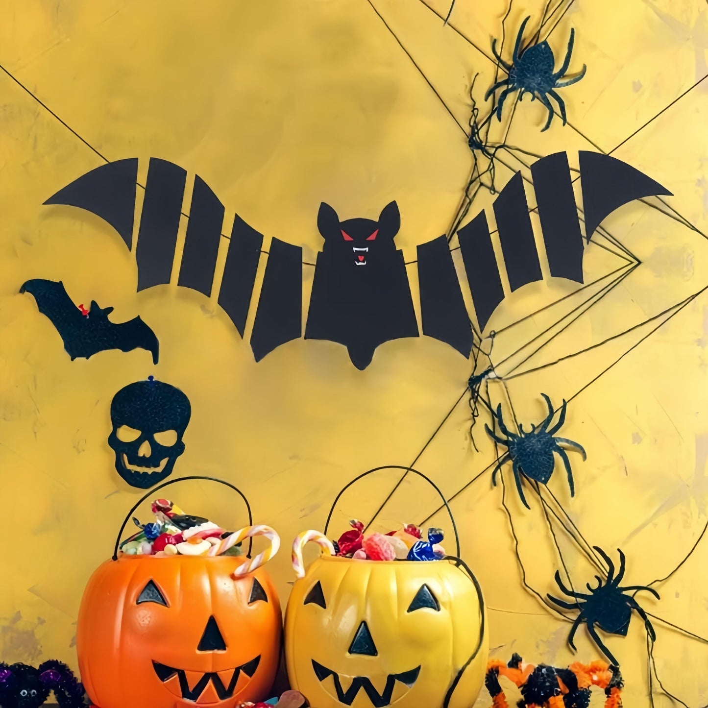 DIY Banner Holiday Party Decoration Set with Halloween Felt Pull Flags featuring Bat, Pumpkin, Skull, and Spider designs - Perfect for Evening Party Decor!