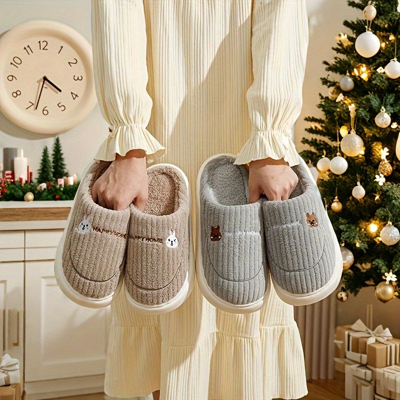 Solid color home slippers with soft EVA sole, comfortable fuzzy closed-toe design, non-slip plush indoor footwear.