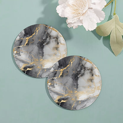 6 golden grey marbled coasters with rubber and non-slip backing, perfect for drinks and decor in your home or kitchen. Great housewarming gift.