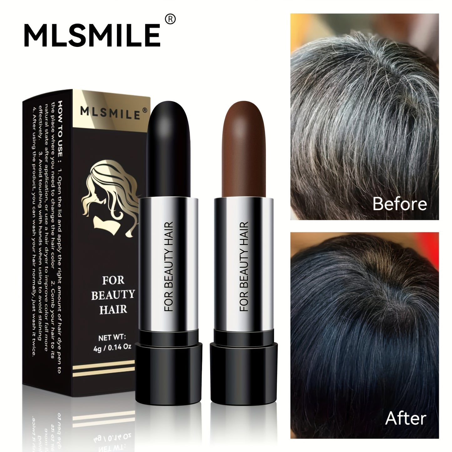 MLSmlie Beauty Hair Touch-Up Stick - 4g, Long-Lasting Gray Coverage, Lipstick-Style Hair Dye Pen