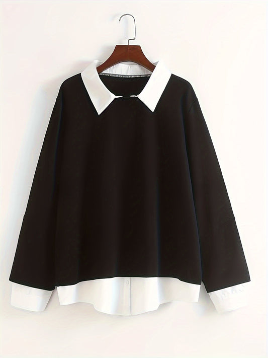 Stylish 2-in-1 Color Block Sweatshirt with Collar - Long Sleeve, Polyester Blend, Machine Washable - Perfect for Fall/Winter