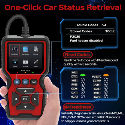 V519 OBD2 Scanner - Advanced diagnostic tool for check engine light, live data, and emissions tests. Works with most vehicles with user-friendly interface and comprehensive display.