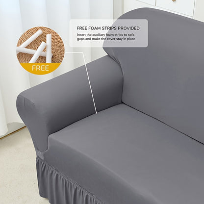 Elastic waterproof sofa slipcover with skirt for all seasons, ideal furniture protection for home and office.