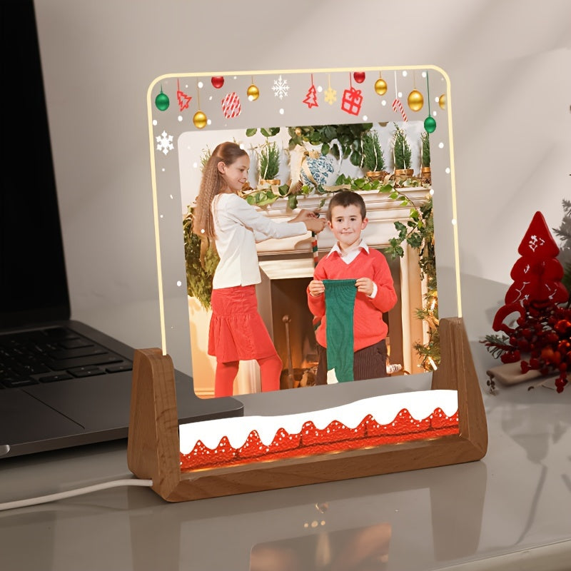 Personalized Christmas photo frame made of luminous love acrylic, featuring a high-end transparent design perfect for displaying photos. This customizable acrylic frame is a great DIY birthday gift for a girlfriend, boyfriend, or friend and serves as a