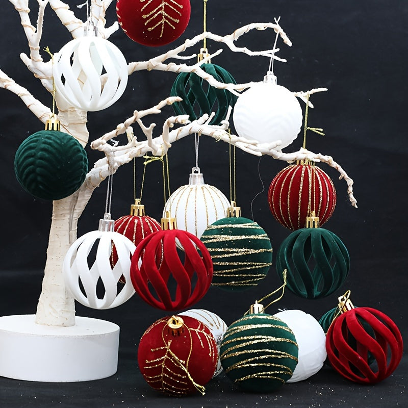 Valentine's Day plush ball ornaments in red, white, and green for decorations and parties.