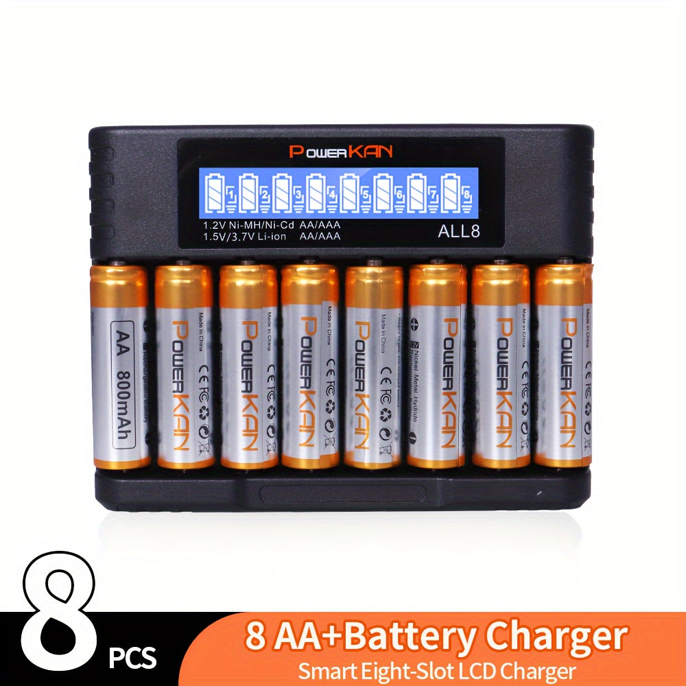 PowerKAN set includes high-quality 1.2V NiMH rechargeable AA & AAA batteries with ALL8 charger, suitable for rechargeable and discharge cycles. Pack includes 8x 800mAh AA and 8x 300mAh AAA