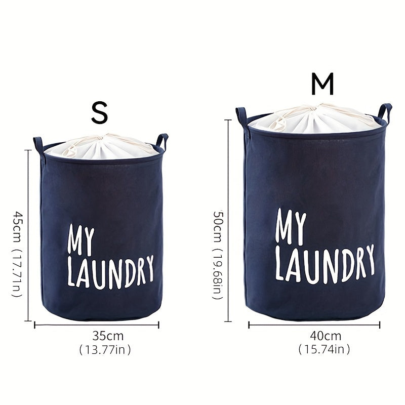 Classic Thick Fabric Laundry Basket with Drawstring Closure - Versatile Cylinder-Shaped, Foldable Dirty Clothes Storage Bin in Navy, White, and Gray featuring "MY LAUNDRY" Print for Stylish Room Decor, Laundry Room Organization, and Storage Solution